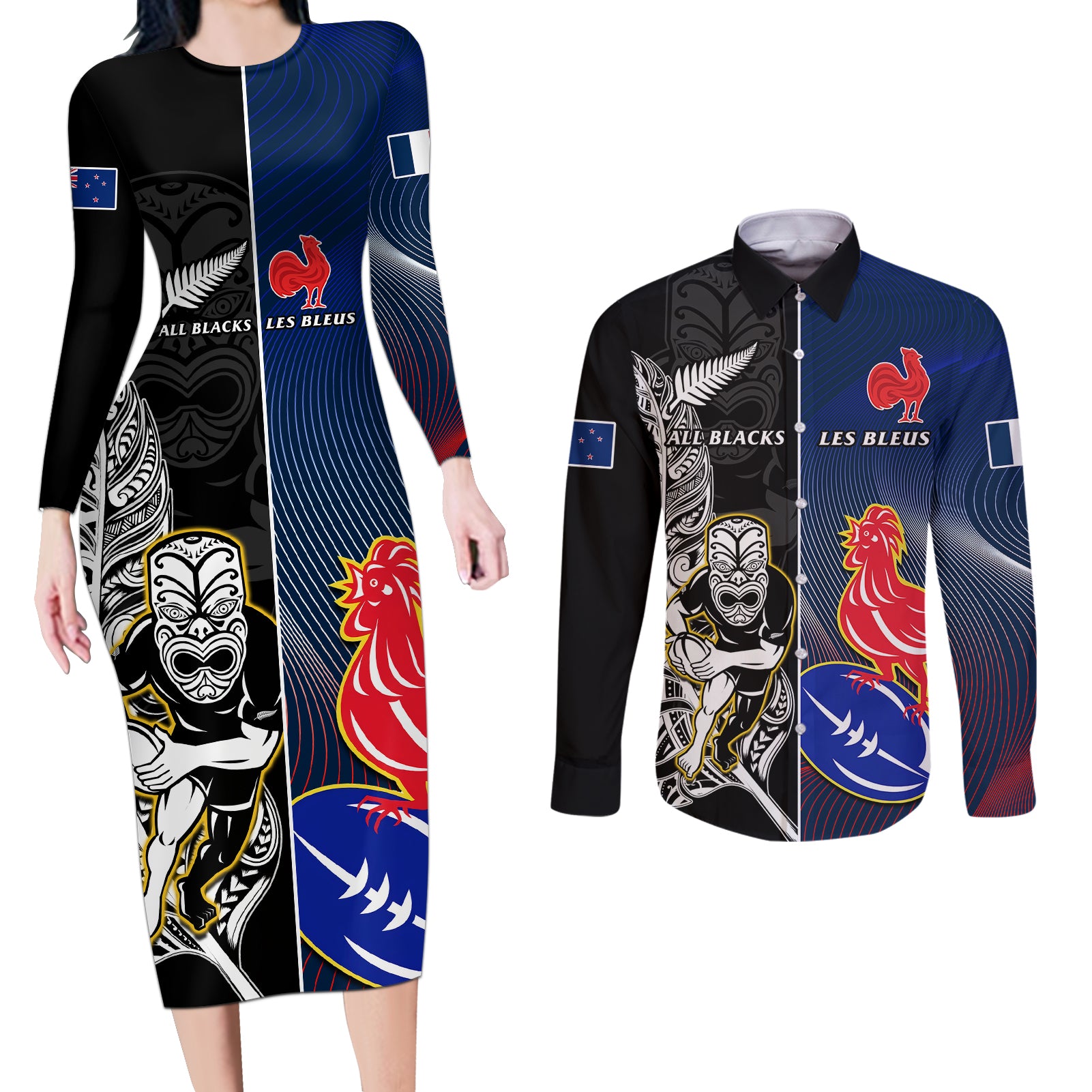 Custom New Zealand And France Rugby Couples Matching Long Sleeve Bodycon Dress and Long Sleeve Button Shirts All Black With Les Bleus Together 2023 World Cup - Wonder Print Shop