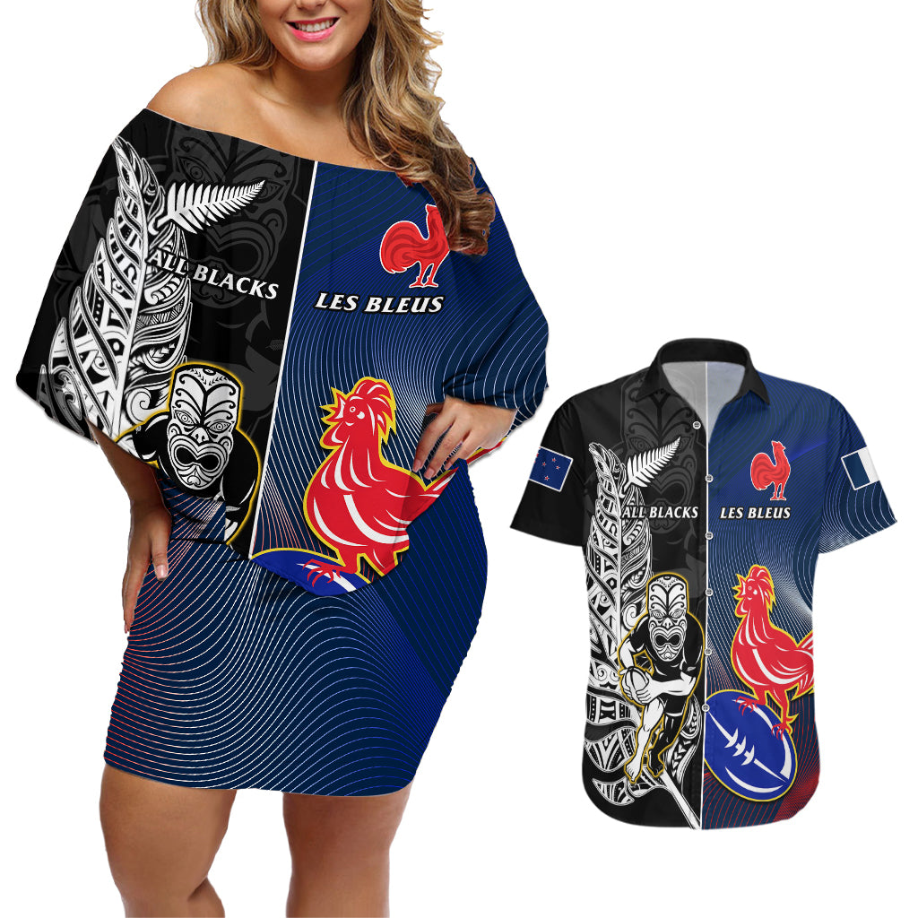 Custom New Zealand And France Rugby Couples Matching Off Shoulder Short Dress and Hawaiian Shirt All Black With Les Bleus Together 2023 World Cup - Wonder Print Shop