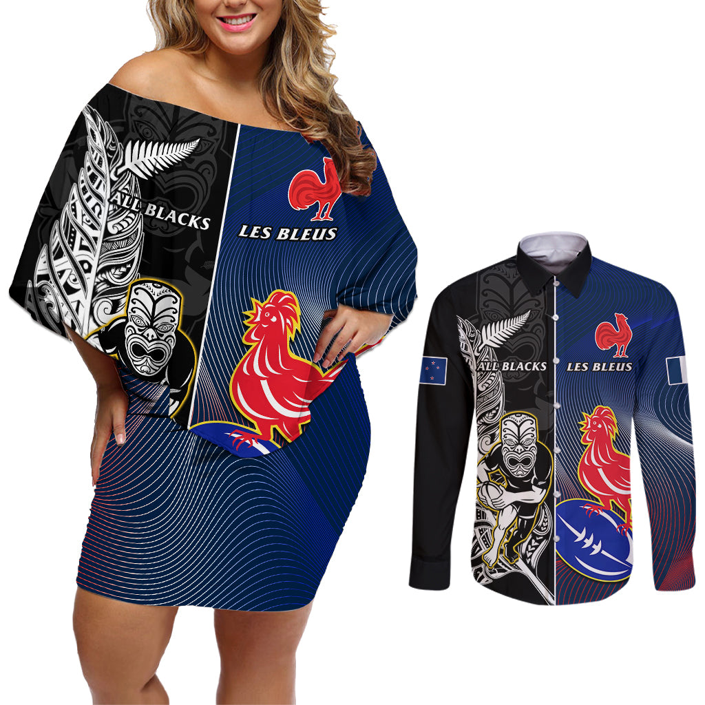 Custom New Zealand And France Rugby Couples Matching Off Shoulder Short Dress and Long Sleeve Button Shirts All Black With Les Bleus Together 2023 World Cup - Wonder Print Shop