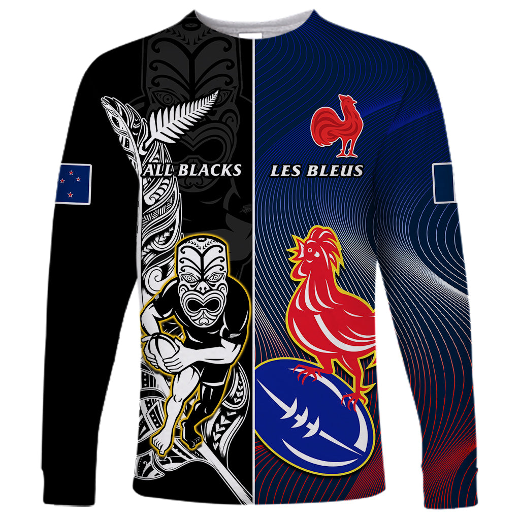 Unisex rugby long sleeve shirt with All Blacks and Les Bleus graphic split panels