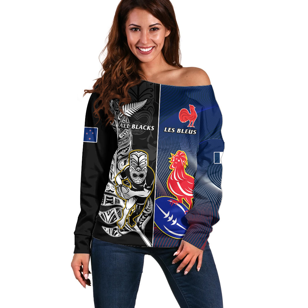 Custom New Zealand And France Rugby Off Shoulder Sweater All Black With Les Bleus Together 2023 World Cup - Wonder Print Shop