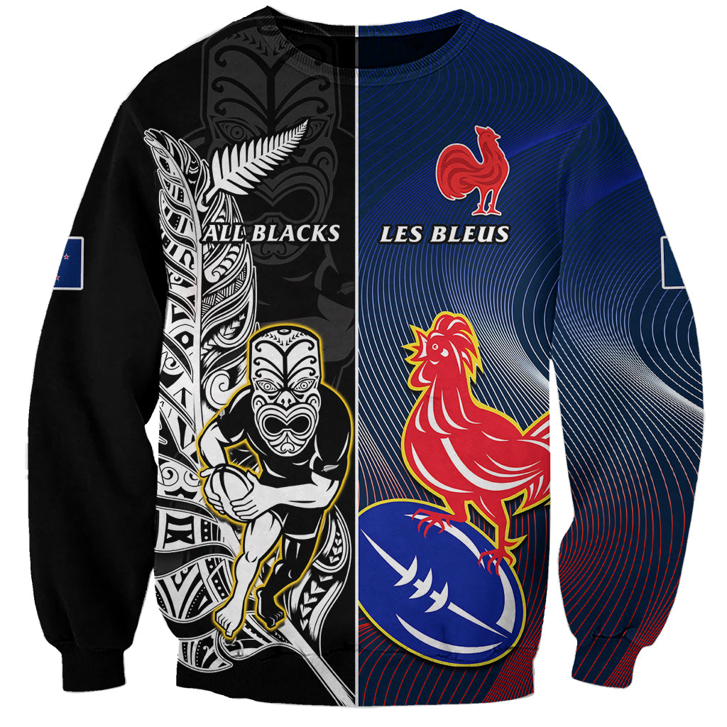 Two-tone rugby sweatshirt, black and blue, large rooster and tribal graphic front