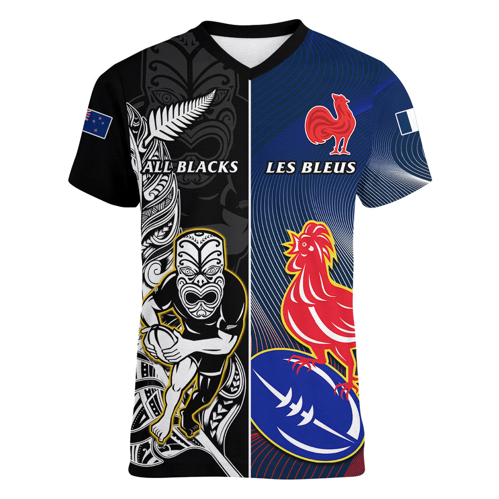 custom-new-zealand-and-france-rugby-women-v-neck-t-shirt-all-black-with-les-bleus-together-2023-world-cup