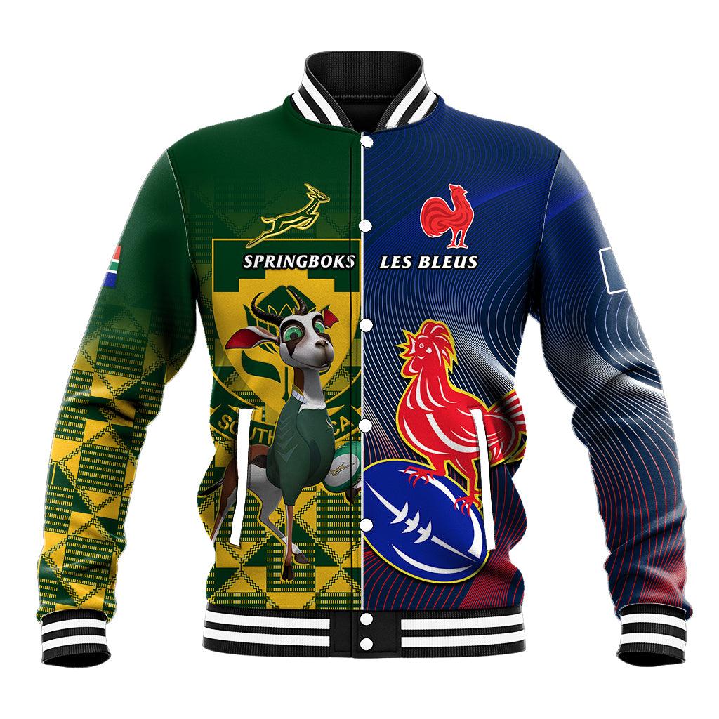Rugby baseball jacket with green and blue panels, Springboks and Les Bleus crest