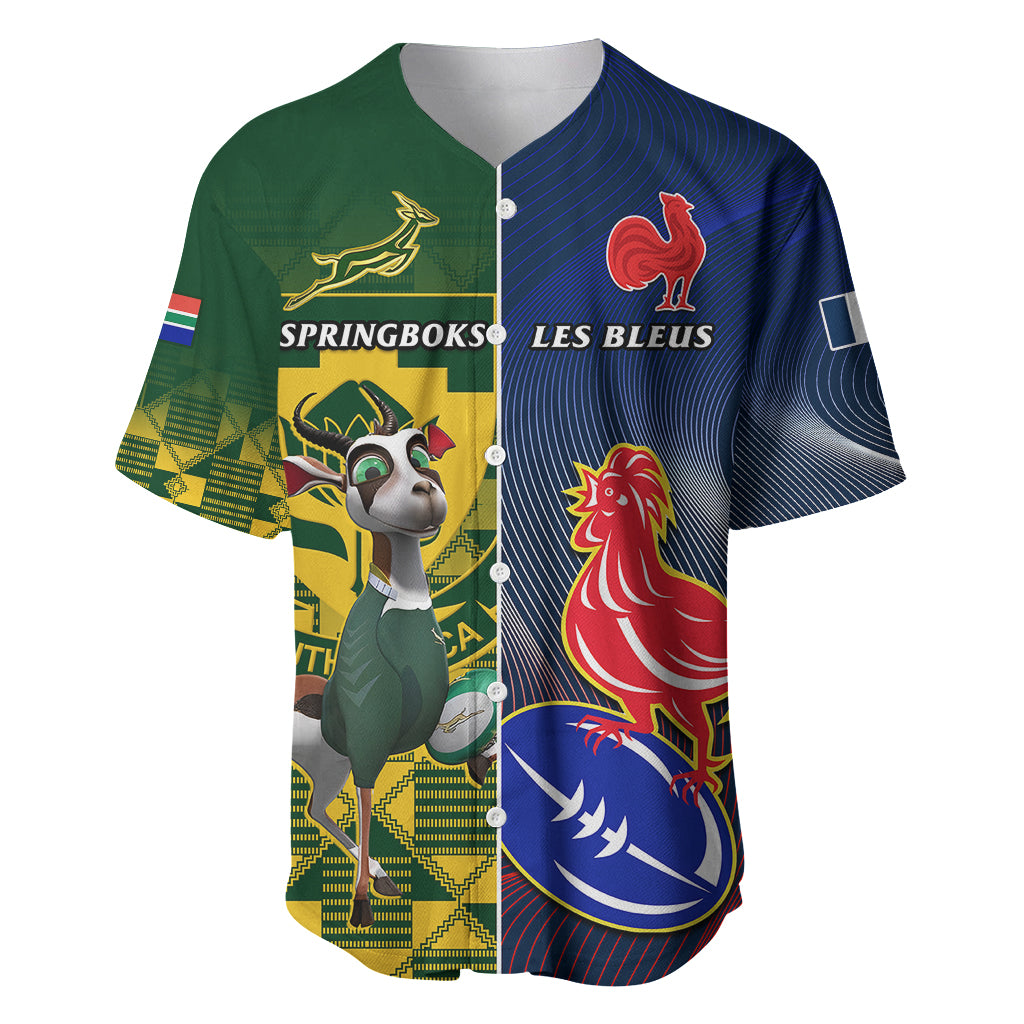Rugby baseball jersey, half green half blue with Springboks and Les Bleus graphics