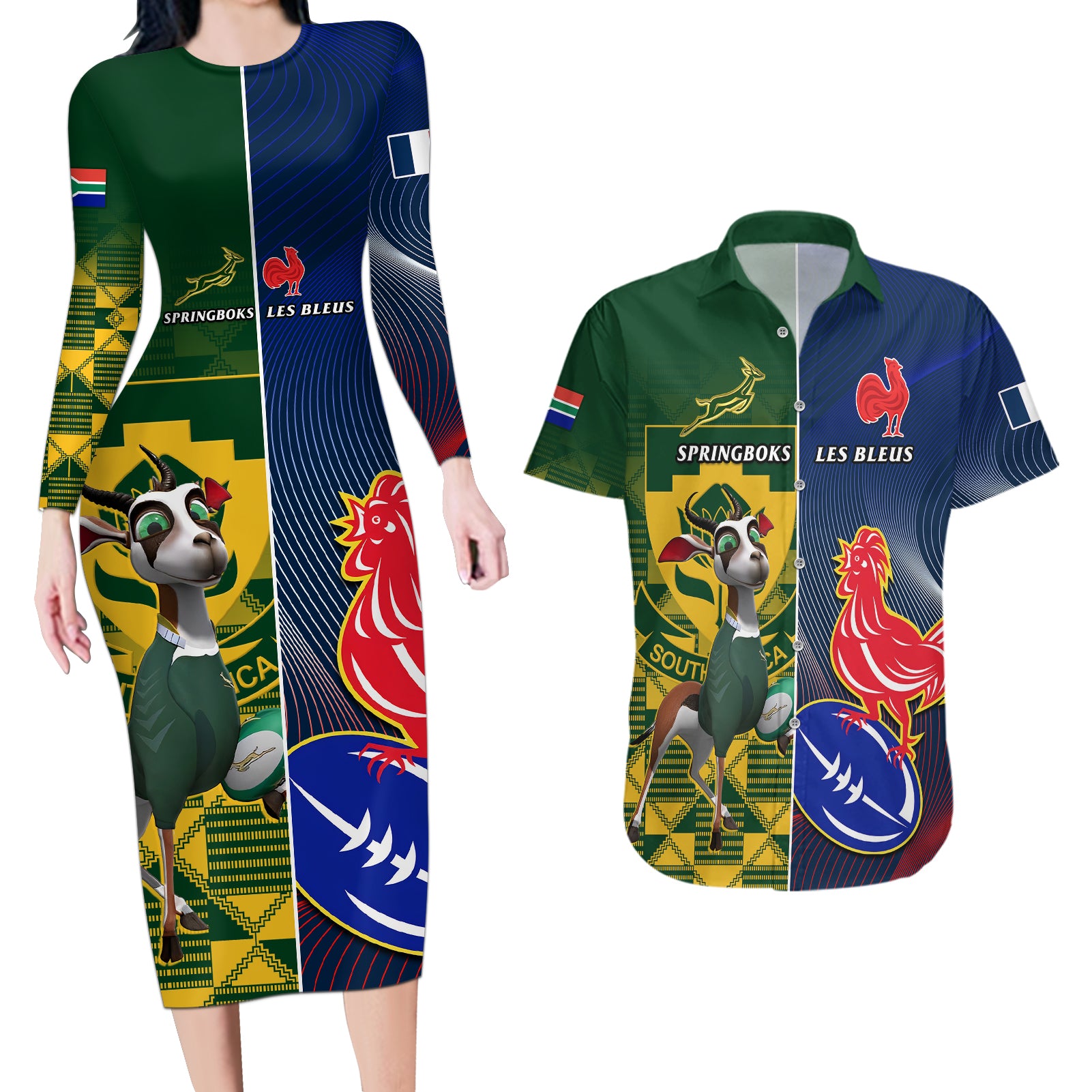 South Africa And France Rugby Couples Matching Long Sleeve Bodycon Dress and Hawaiian Shirt Springboks With Les Bleus Together 2023 World Cup - Wonder Print Shop