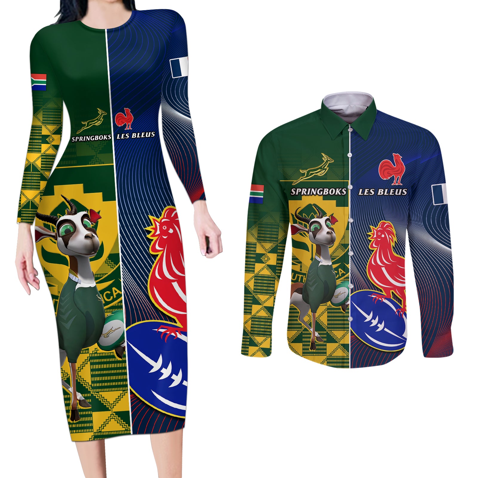 South Africa And France Rugby Couples Matching Long Sleeve Bodycon Dress and Long Sleeve Button Shirts Springboks With Les Bleus Together 2023 World Cup - Wonder Print Shop