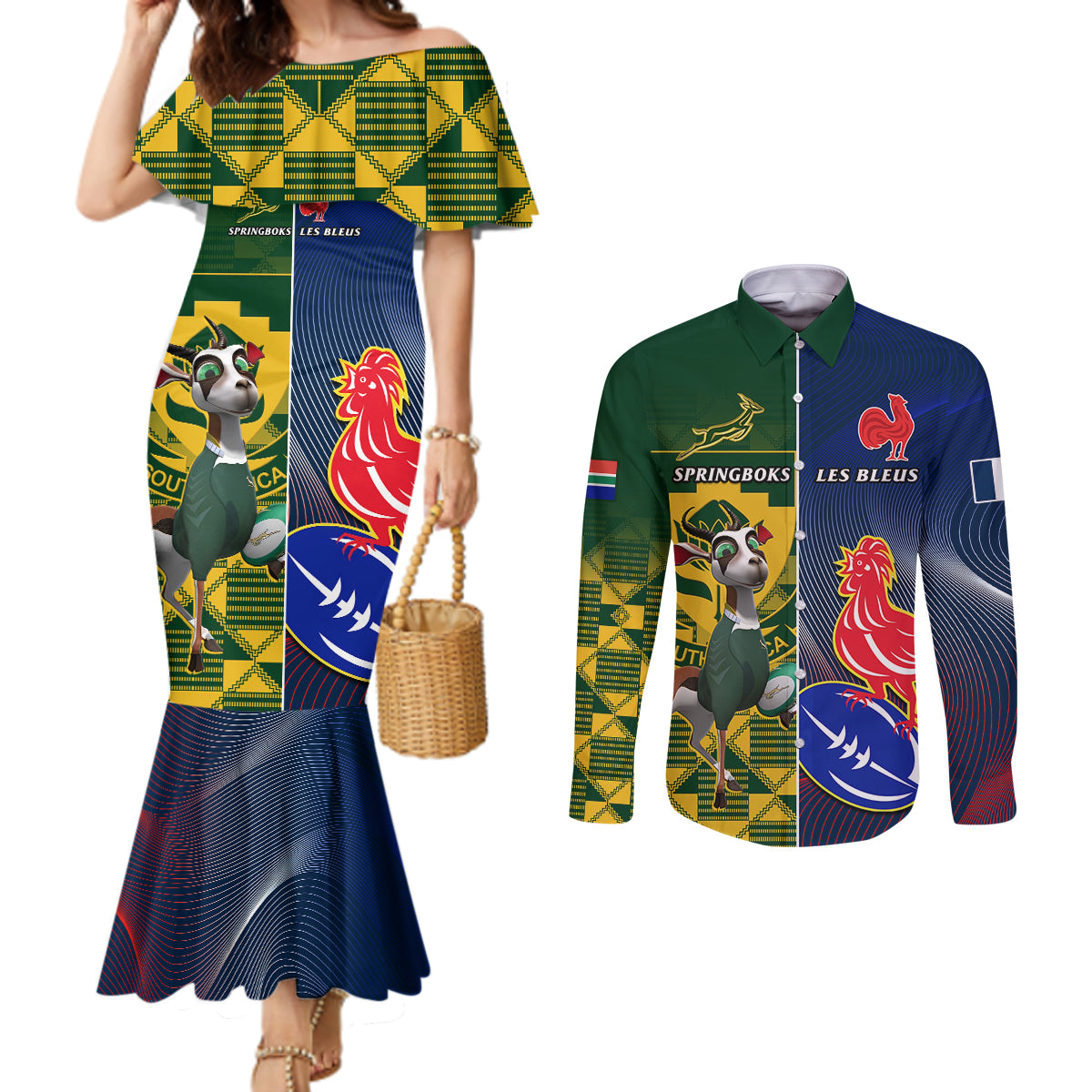 south-africa-and-france-rugby-couples-matching-mermaid-dress-and-long-sleeve-button-shirts-springboks-with-les-bleus-together-2023-world-cup