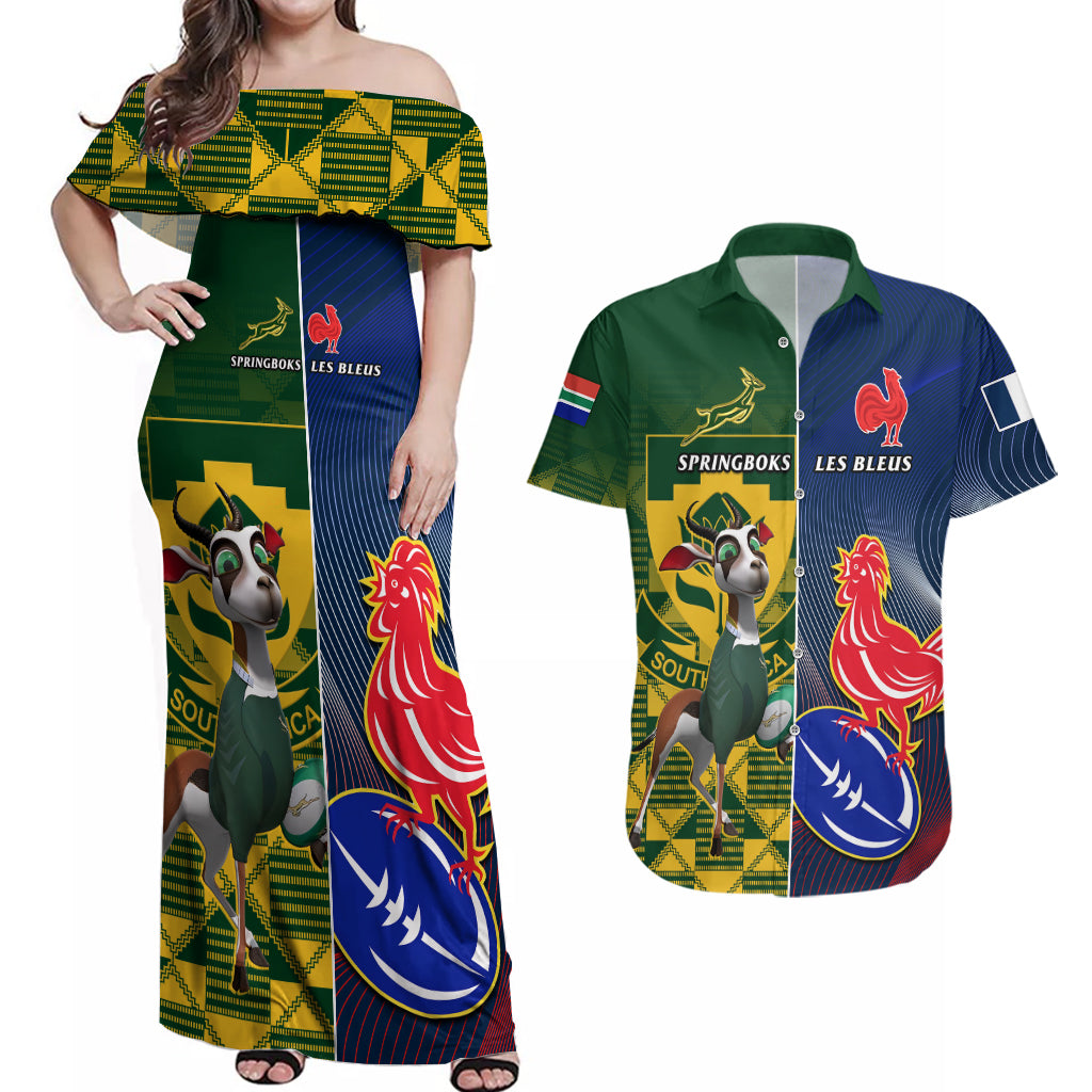 South Africa And France Rugby Couples Matching Off Shoulder Maxi Dress and Hawaiian Shirt Springboks With Les Bleus Together 2023 World Cup - Wonder Print Shop