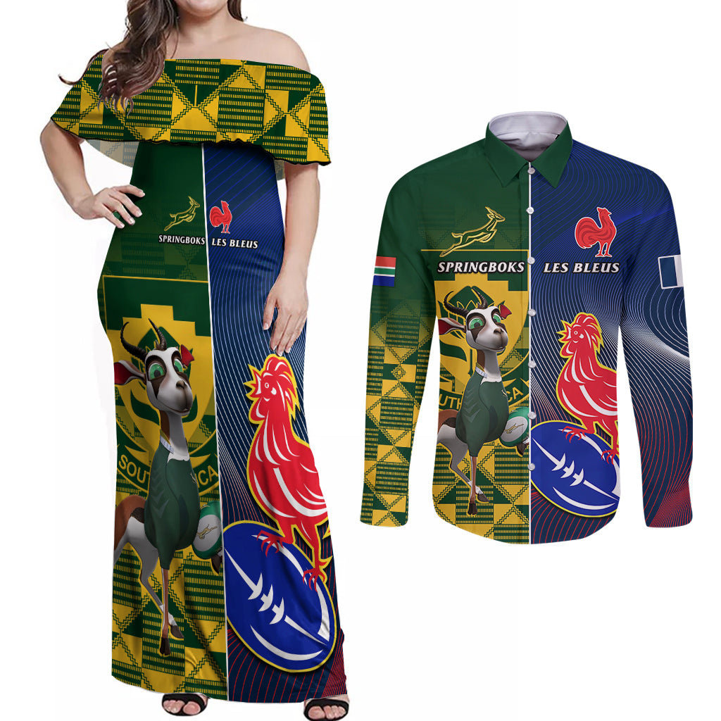 South Africa And France Rugby Couples Matching Off Shoulder Maxi Dress and Long Sleeve Button Shirts Springboks With Les Bleus Together 2023 World Cup - Wonder Print Shop