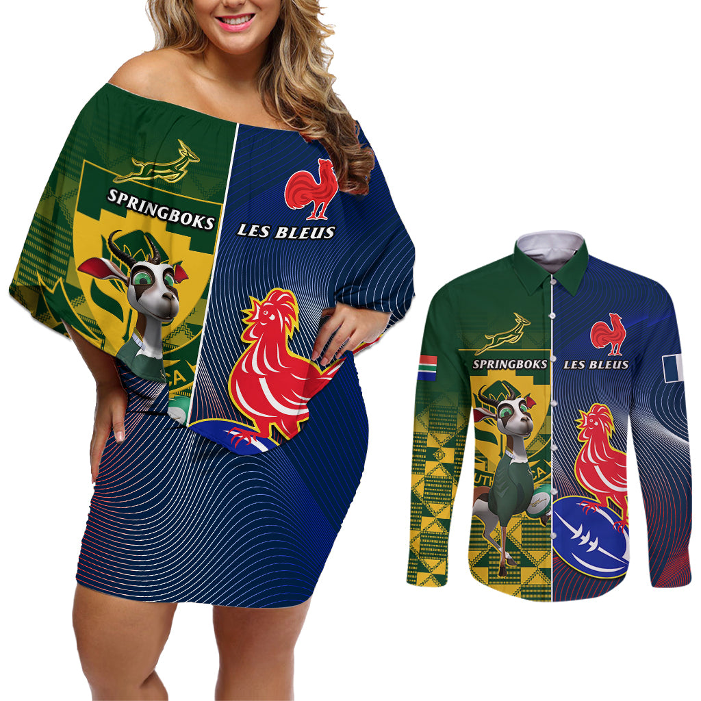 South Africa And France Rugby Couples Matching Off Shoulder Short Dress and Long Sleeve Button Shirts Springboks With Les Bleus Together 2023 World Cup - Wonder Print Shop