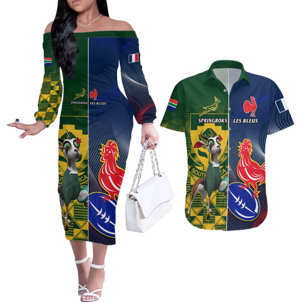 South Africa And France Rugby Couples Matching Off The Shoulder Long Sleeve Dress and Hawaiian Shirt Springboks With Les Bleus Together 2023 World Cup - Wonder Print Shop