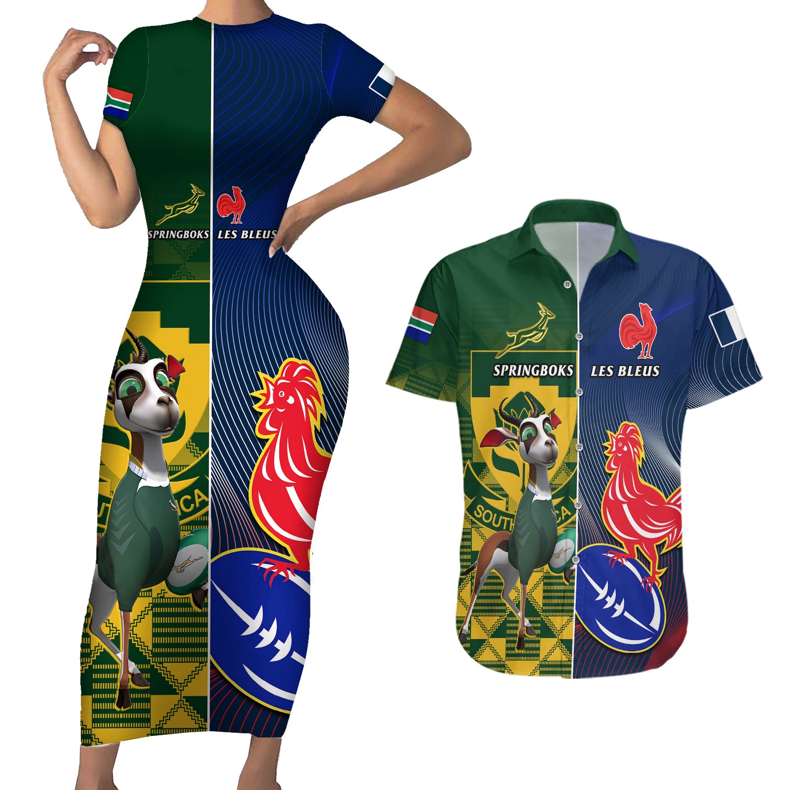 South Africa And France Rugby Couples Matching Short Sleeve Bodycon Dress and Hawaiian Shirt Springboks With Les Bleus Together 2023 World Cup - Wonder Print Shop