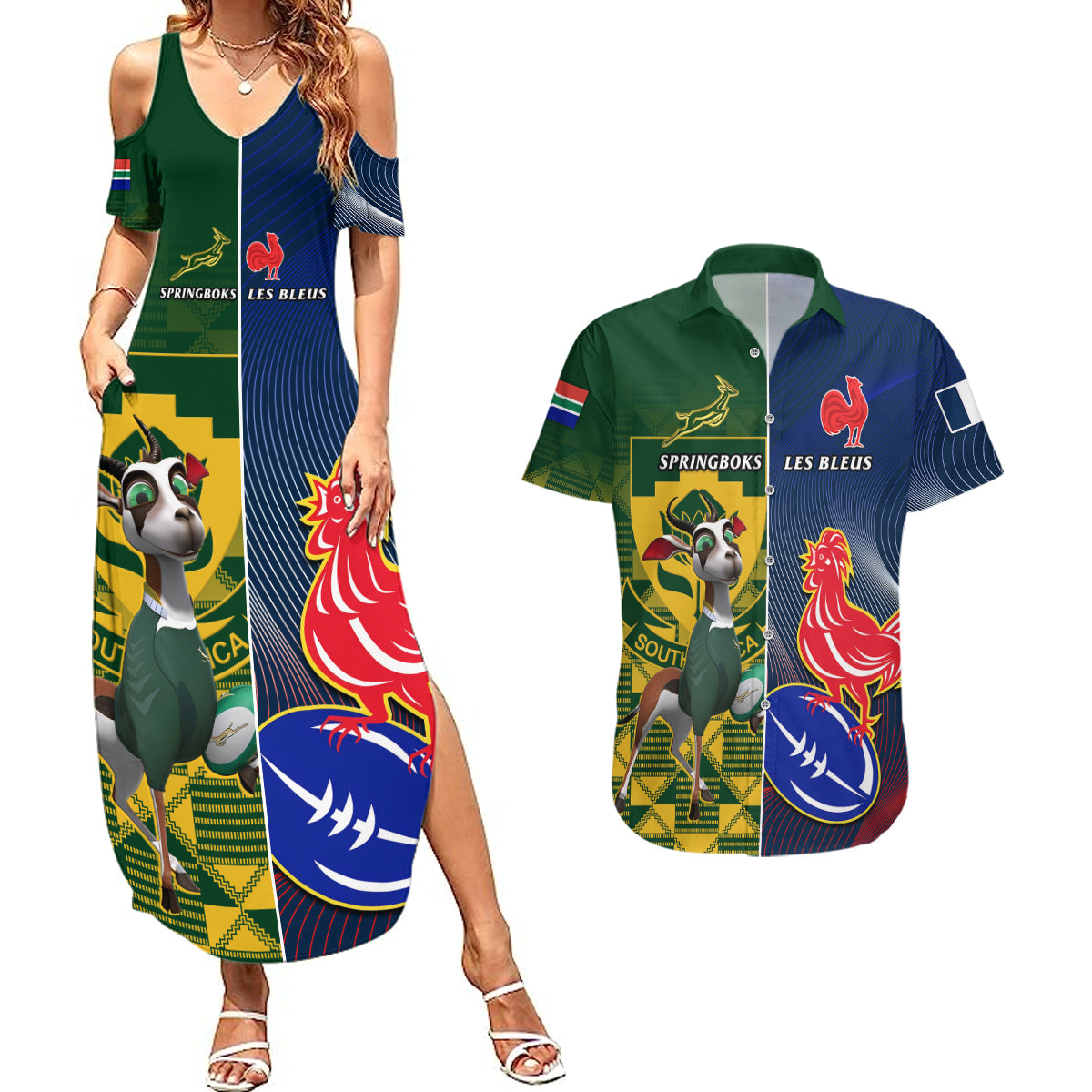 South Africa And France Rugby Couples Matching Summer Maxi Dress and Hawaiian Shirt Springboks With Les Bleus Together 2023 World Cup - Wonder Print Shop