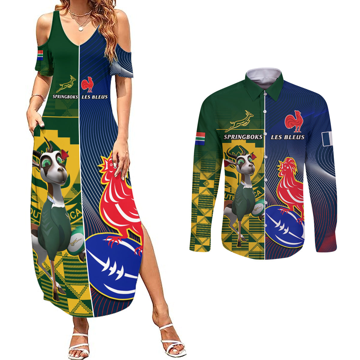 South Africa And France Rugby Couples Matching Summer Maxi Dress and Long Sleeve Button Shirts Springboks With Les Bleus Together 2023 World Cup - Wonder Print Shop