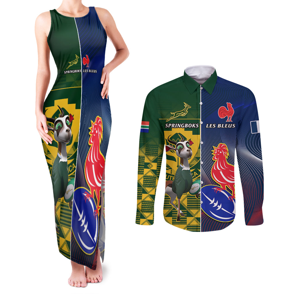 South Africa And France Rugby Couples Matching Tank Maxi Dress and Long Sleeve Button Shirts Springboks With Les Bleus Together 2023 World Cup - Wonder Print Shop