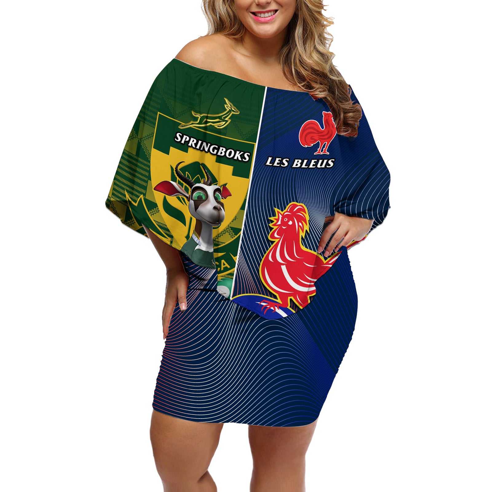 South Africa And France Rugby Off Shoulder Short Dress Springboks With Les Bleus Together 2023 World Cup - Wonder Print Shop