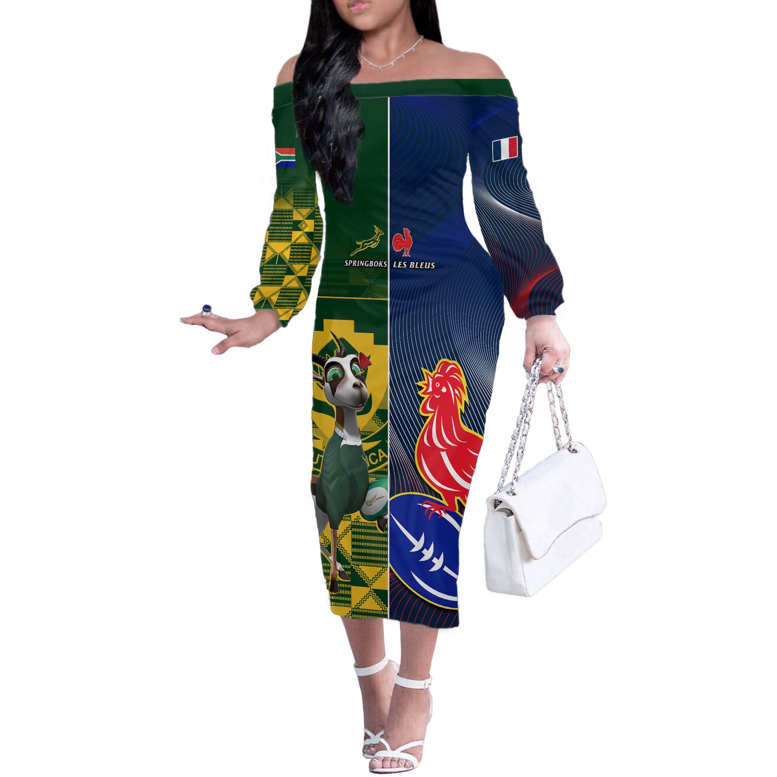 South Africa And France Rugby Off The Shoulder Long Sleeve Dress Springboks With Les Bleus Together 2023 World Cup - Wonder Print Shop