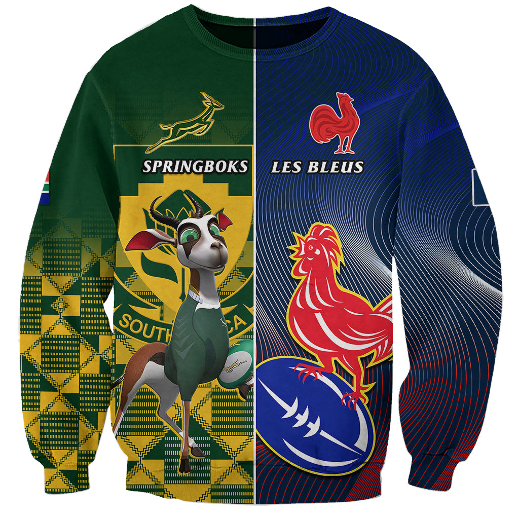 Unisex rugby sweatshirt with split green and blue panels, team crests and graphics