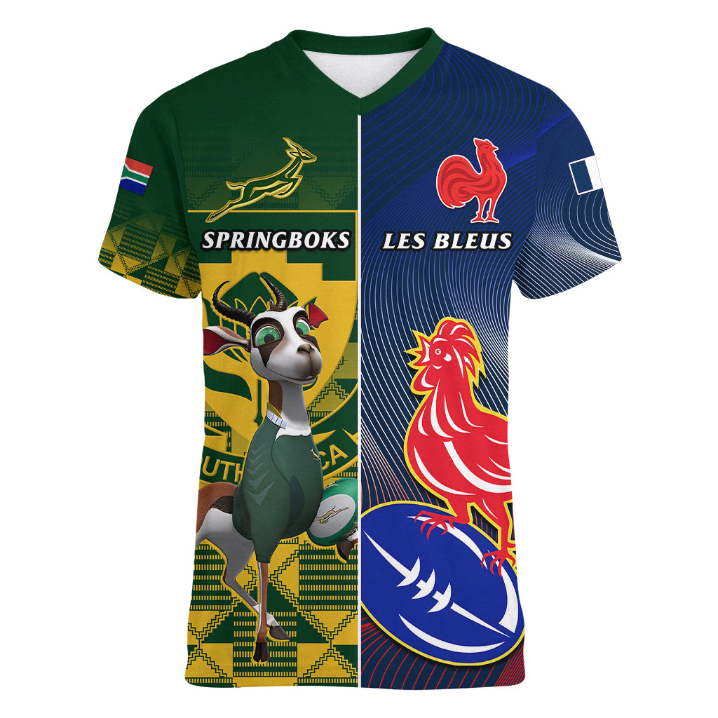 south-africa-and-france-rugby-women-v-neck-t-shirt-springboks-with-les-bleus-together-2023-world-cup