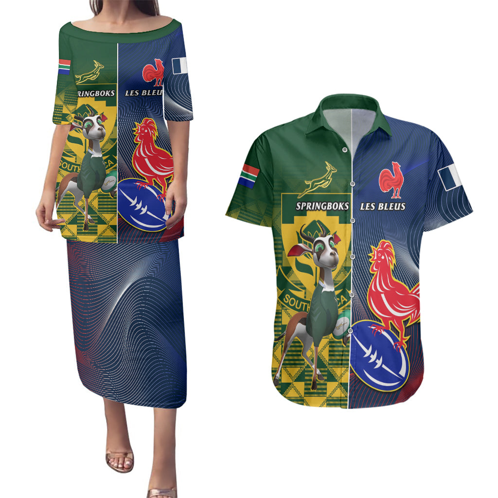 Custom South Africa And France Rugby Couples Matching Puletasi Dress and Hawaiian Shirt Springboks With Les Bleus Together 2023 World Cup - Wonder Print Shop