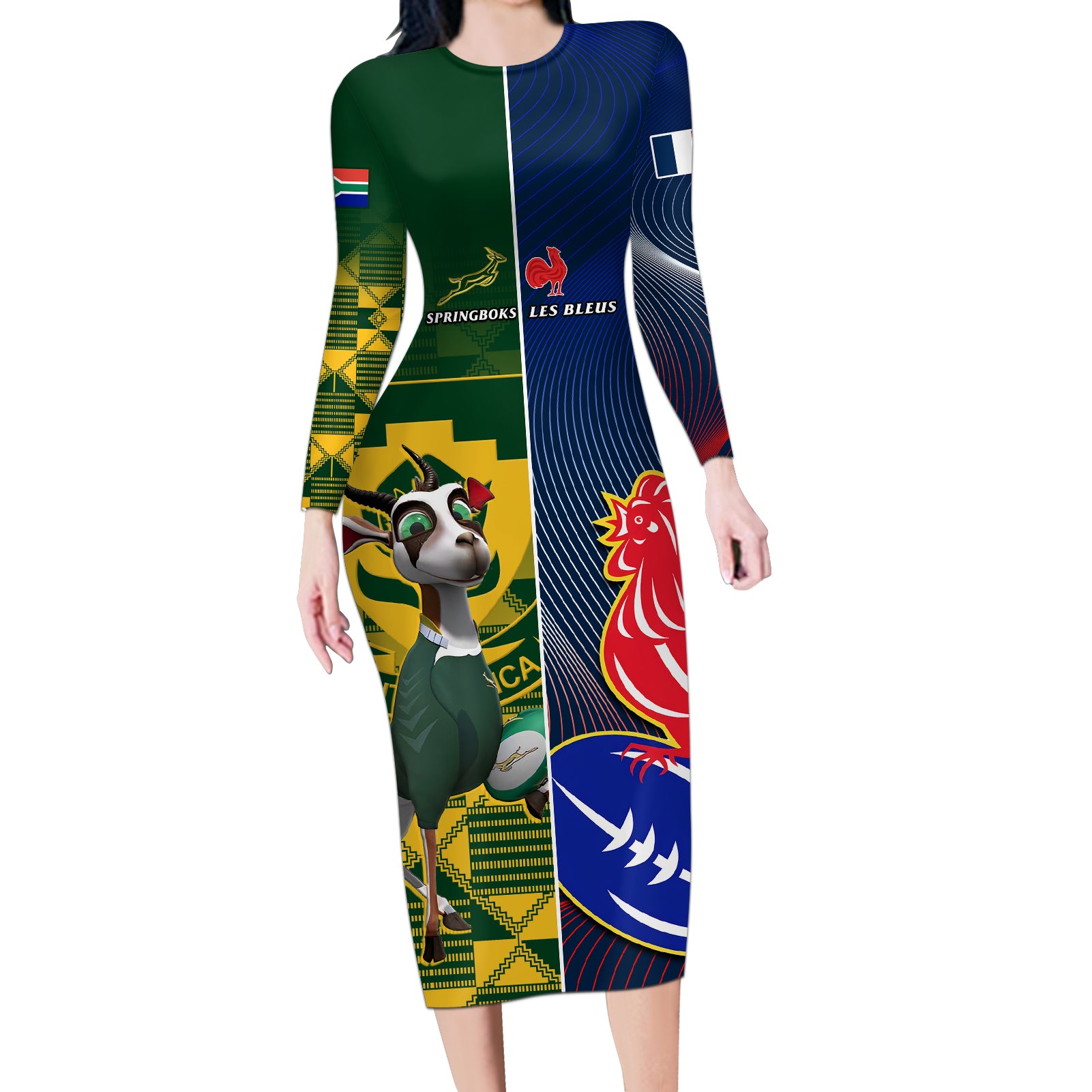 Custom South Africa And France Rugby Long Sleeve Bodycon Dress Springboks With Les Bleus Together 2023 World Cup - Wonder Print Shop