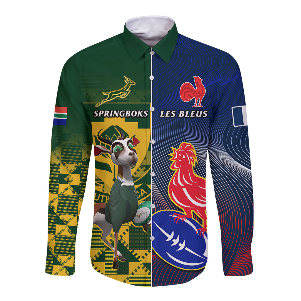 Rugby button-up shirt with long sleeves, green/blue graphic crests and flag panels