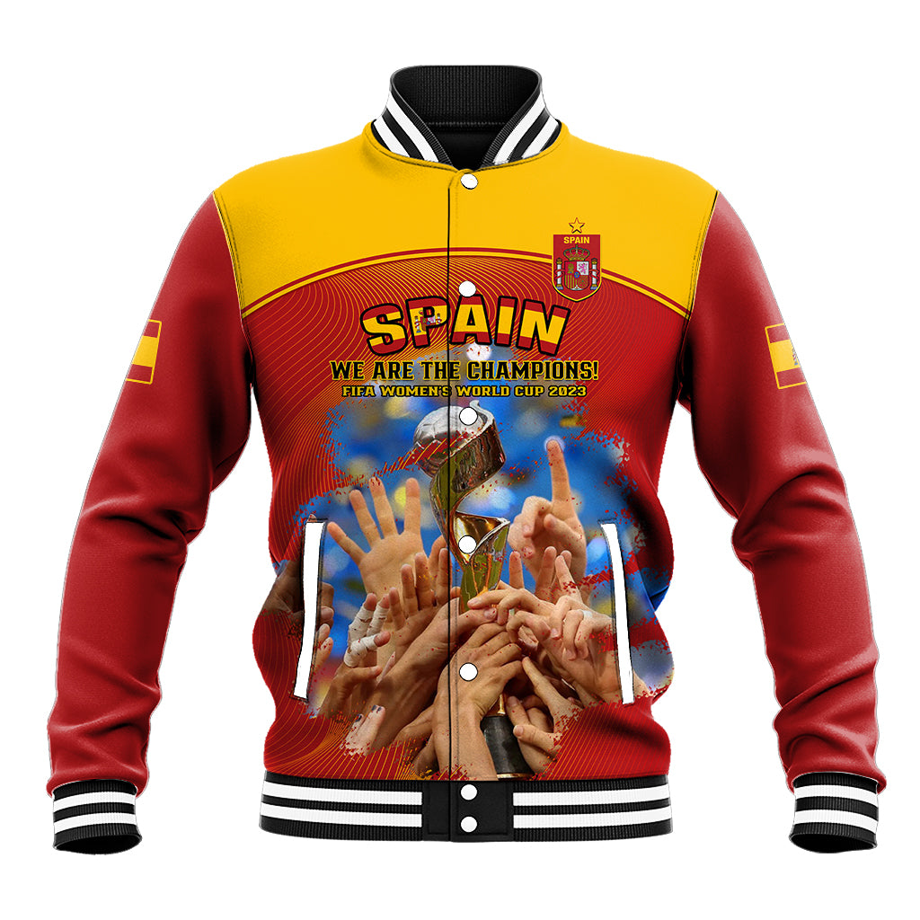 Red and yellow baseball jacket with striped collar and large front team graphic