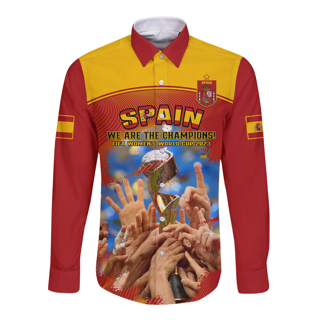 Men's red and yellow long-sleeve button soccer shirt with Spain trophy front graphic