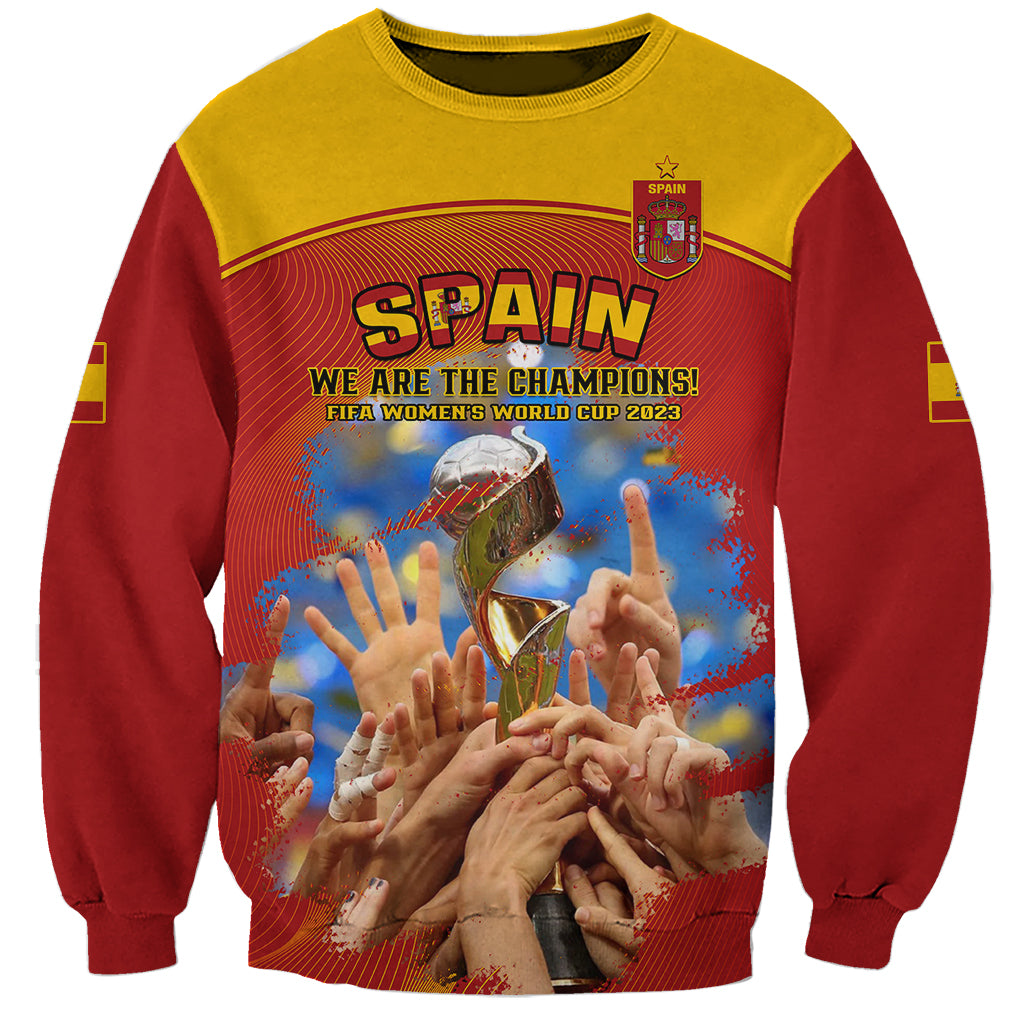Custom Spain football sweatshirt, red with yellow top, front trophy graphic and Spain badge