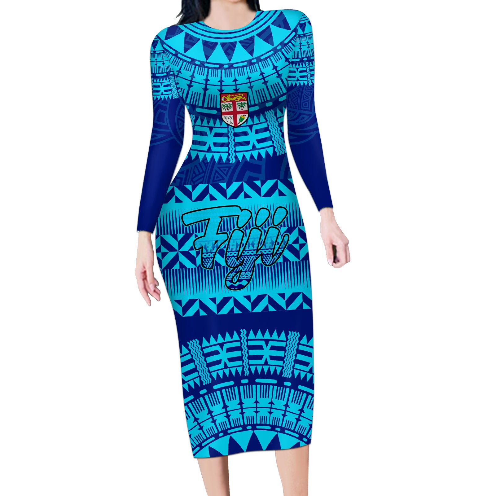 Personalised Fiji Long Sleeve Bodycon Dress Unique Fijian Tapa Pattern With Coat Of Arms - Wonder Print Shop