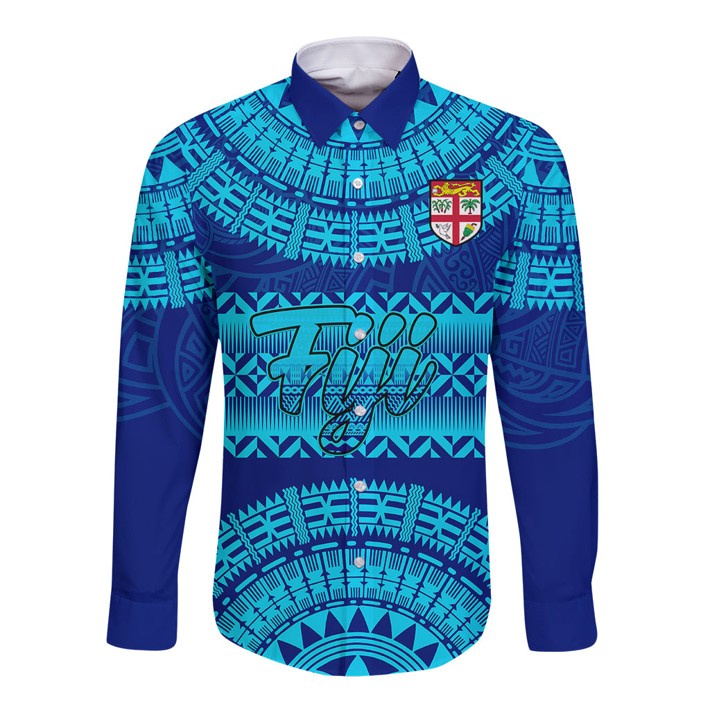 Personalised Fiji Long Sleeve Button Shirt Unique Fijian Tapa Pattern With Coat Of Arms - Wonder Print Shop