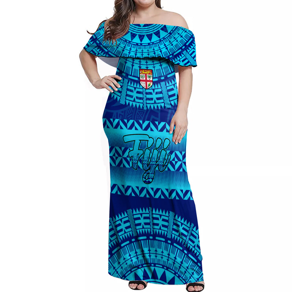 Personalised Fiji Off Shoulder Maxi Dress Unique Fijian Tapa Pattern With Coat Of Arms - Wonder Print Shop