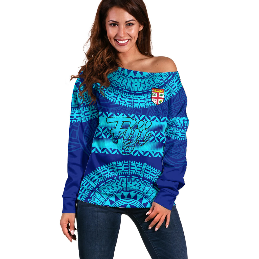 Personalised Fiji Off Shoulder Sweater Unique Fijian Tapa Pattern With Coat Of Arms - Wonder Print Shop