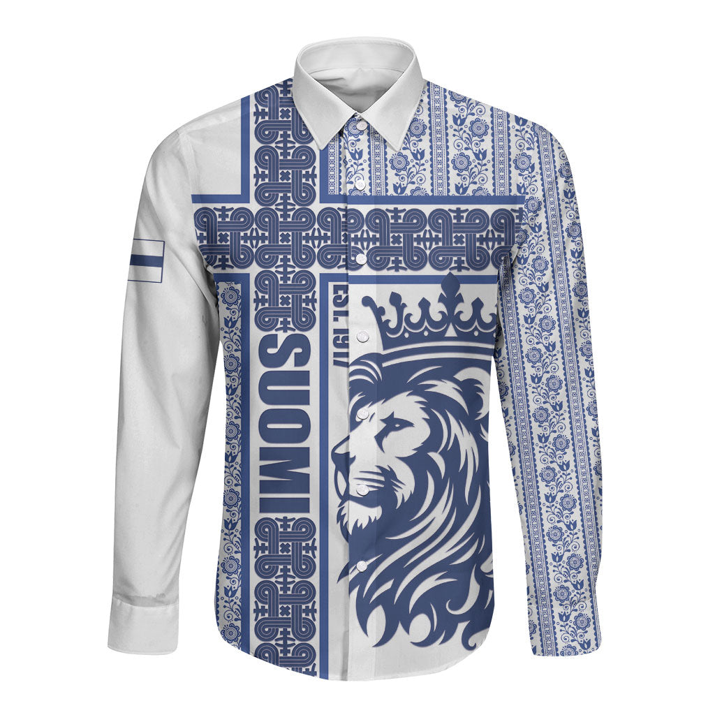 Finland Independence Day Long Sleeve Button Shirt Suomi Lion Hannunvaakuna Knot