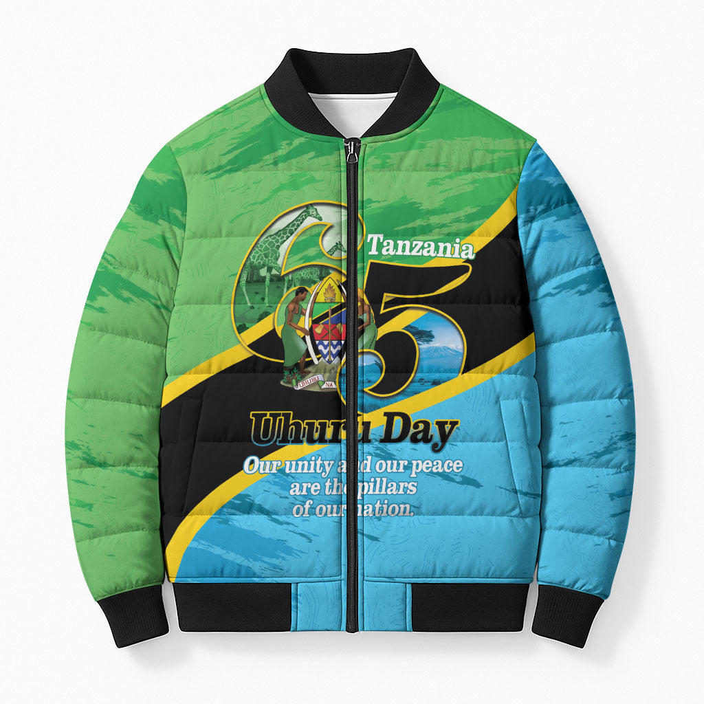 Personalized Tanzania Independence Day Bomber Puffer Jacket Happy 65th Anniversary Grunge Flag