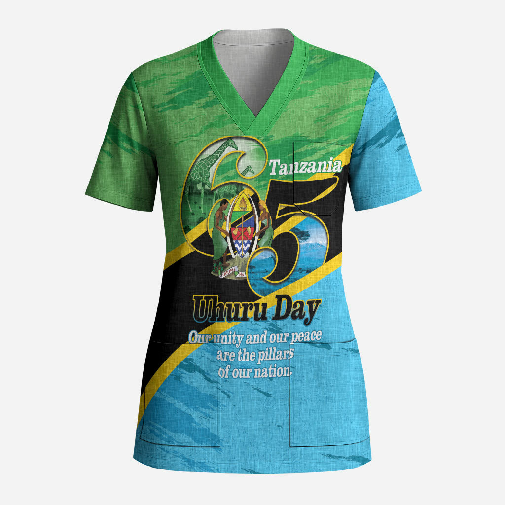 Personalized Tanzania Independence Day Scrub Top Happy 65th Anniversary Grunge Flag