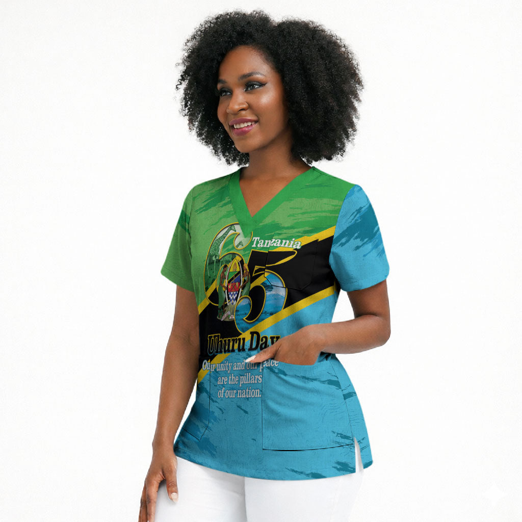 Personalized Tanzania Independence Day Scrub Top Happy 65th Anniversary Grunge Flag