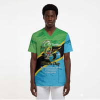 Personalized Tanzania Independence Day Scrub Top Happy 65th Anniversary Grunge Flag