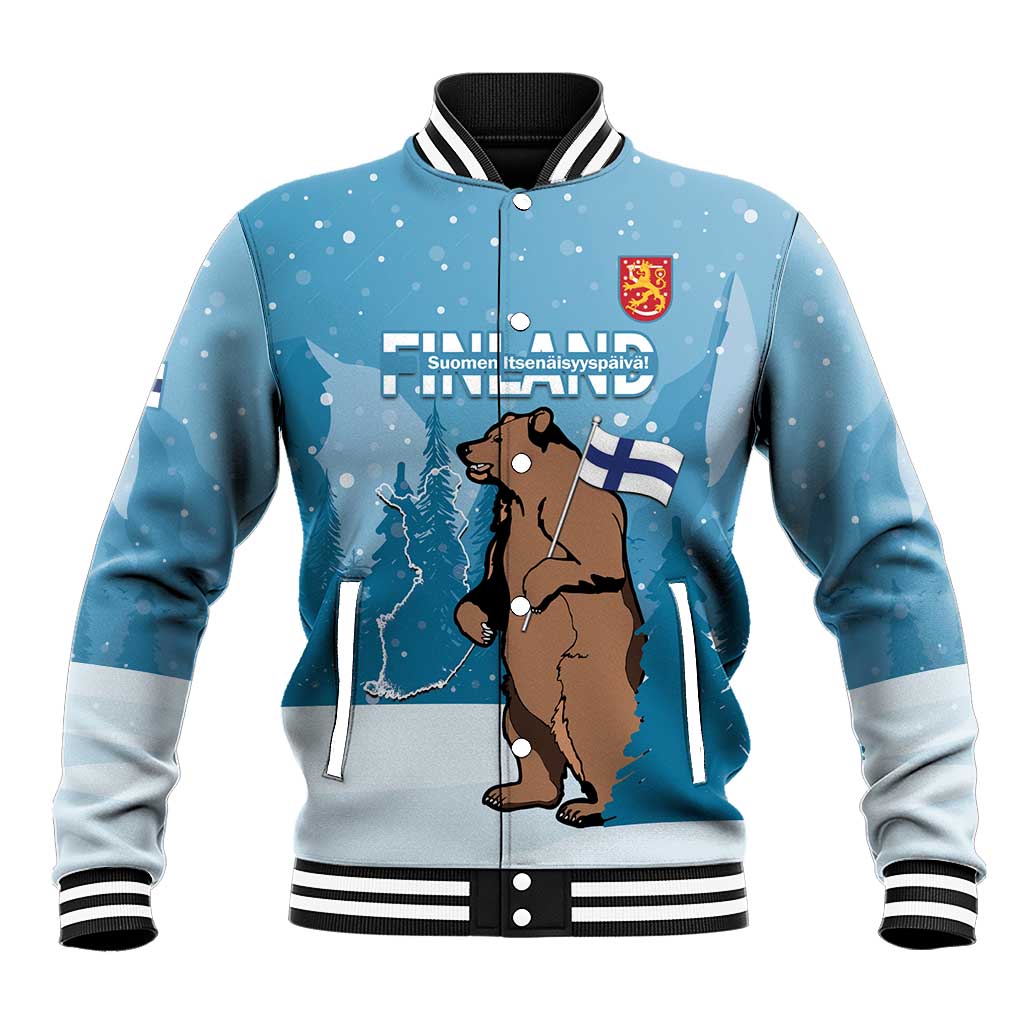 Blue baseball jacket with striped ribbed collar, front bear graphic, and Finland flag shield