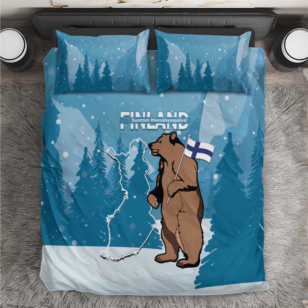 Blue bedding set with bear holding Finnish flag, snowy trees and starry dots