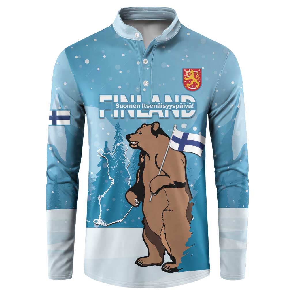 Sky blue button sweatshirt with bear graphic, Finland flag accents, long sleeves