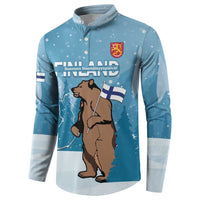 Sky blue button sweatshirt with bear-and-flag graphic and chest crest, long sleeves