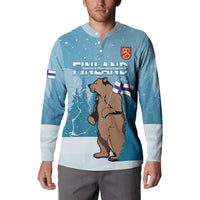 Sky blue button sweatshirt with bear-and-flag graphic and chest crest, long sleeves