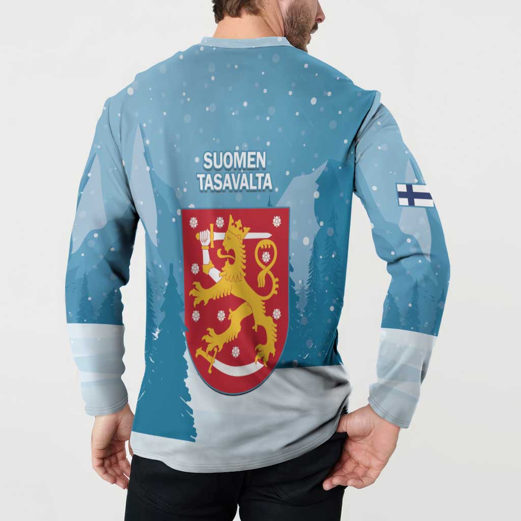 Sky blue button sweatshirt with back lion crest graphic and striped sleeve band, long sleeves