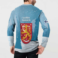Sky blue button sweatshirt with back lion crest graphic and striped sleeve band, long sleeves