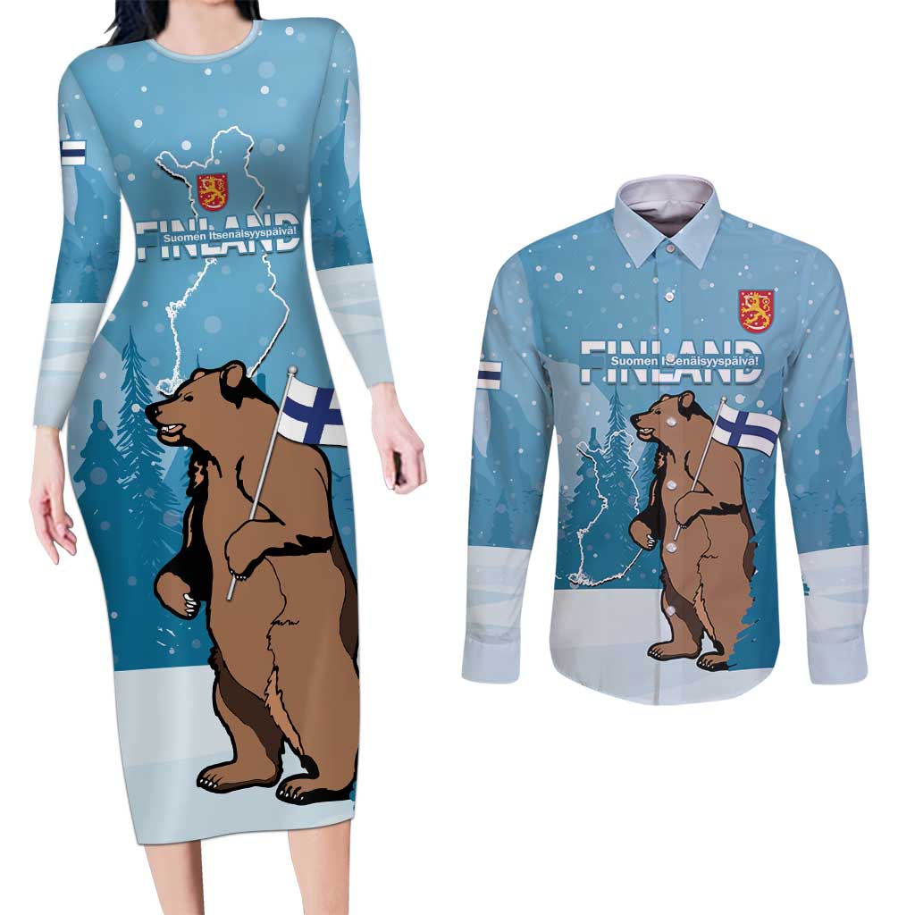 Finland Independence Day Couples Matching Long Sleeve Bodycon Dress and Long Sleeve Button Shirt Suomen Itsenaistyminen Mix Brown Bear - Wonder Print Shop