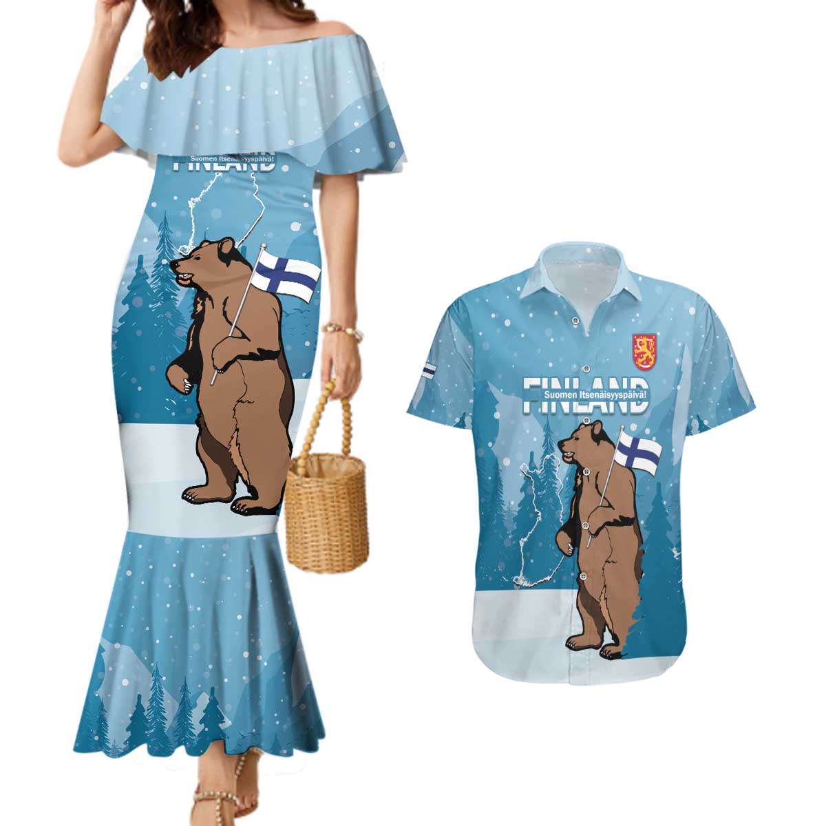 Finland Independence Day Couples Matching Mermaid Dress and Hawaiian Shirt Suomen Itsenaistyminen Mix Brown Bear - Wonder Print Shop