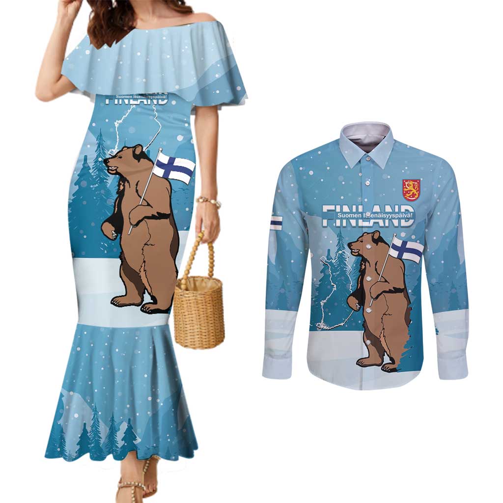 Finland Independence Day Couples Matching Mermaid Dress and Long Sleeve Button Shirt Suomen Itsenaistyminen Mix Brown Bear