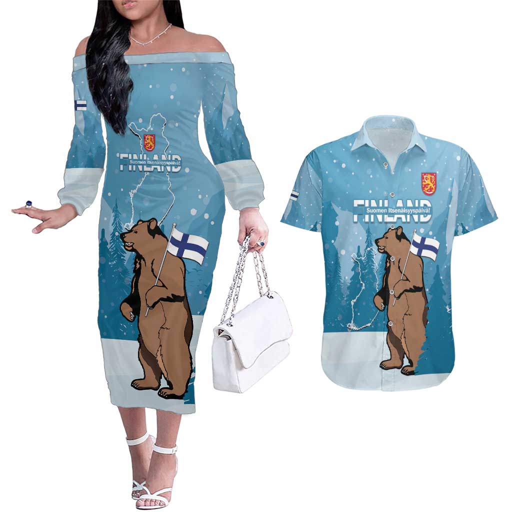 Finland Independence Day Couples Matching Off The Shoulder Long Sleeve Dress and Hawaiian Shirt Suomen Itsenaistyminen Mix Brown Bear - Wonder Print Shop